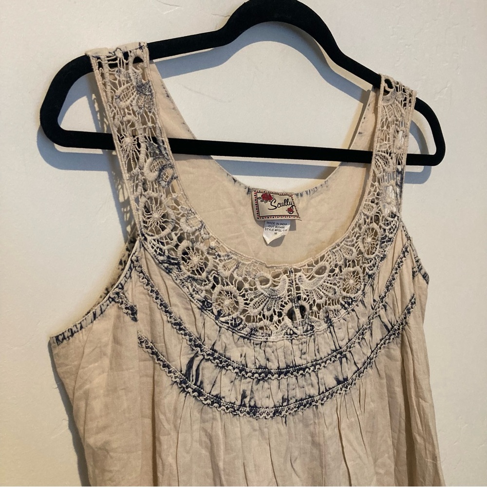 Scully Women’s 100% Cotton Mini Dress White Blue Boho Size M Lace Embroidered - Picture 6 of 8